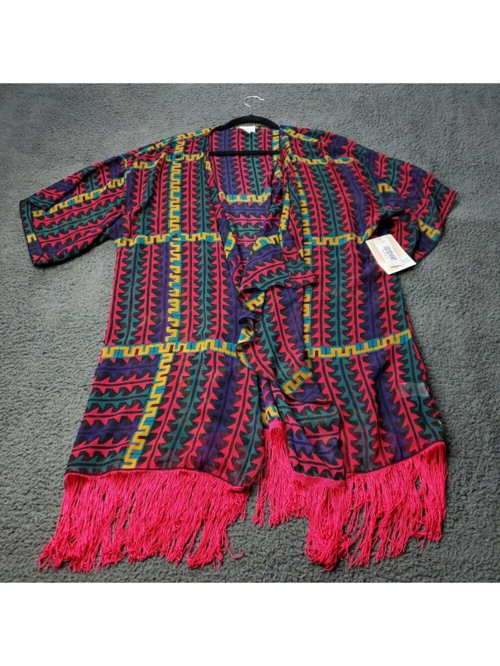 LulaRoe Monroe Kimono Womens L Large Cardigan Red Fringe Multicolor y2K